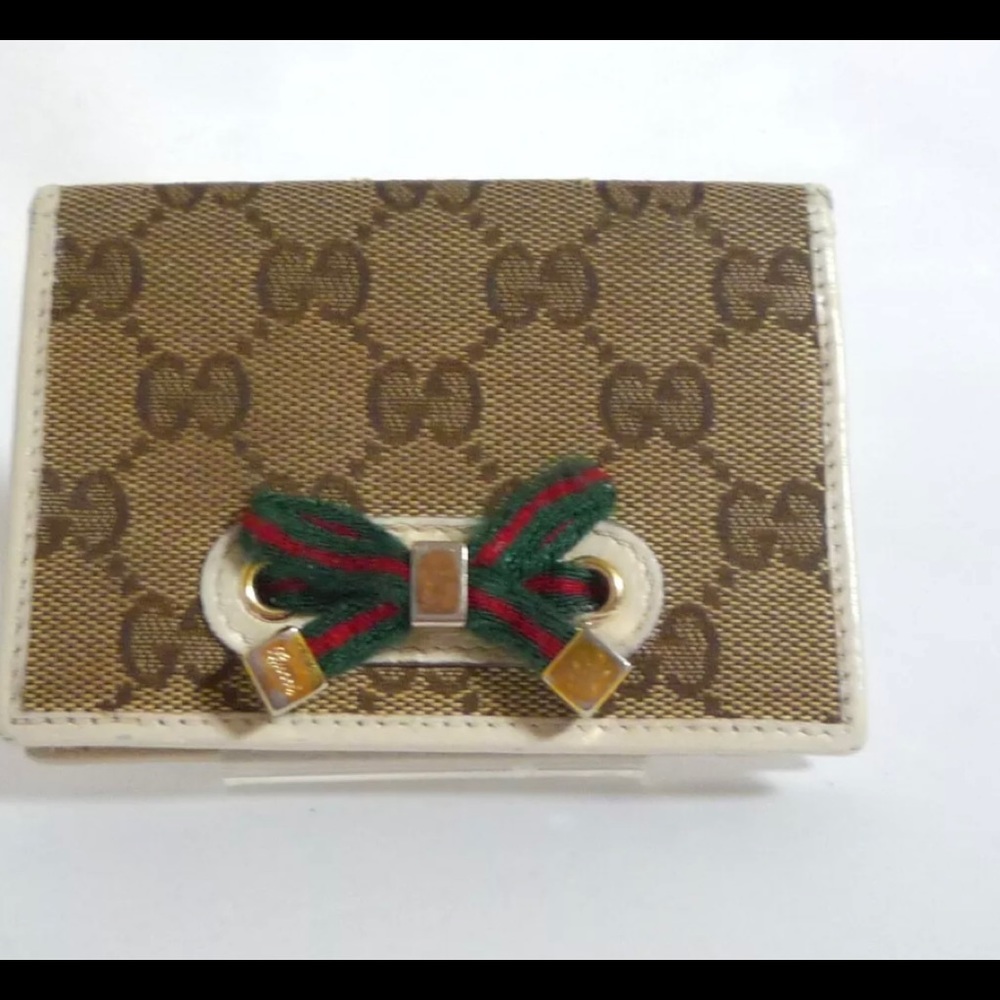 GUCCI 🌼 Brown/Ivory Sherry Line Bi-Fold Wallet GG Link Bow Vintage